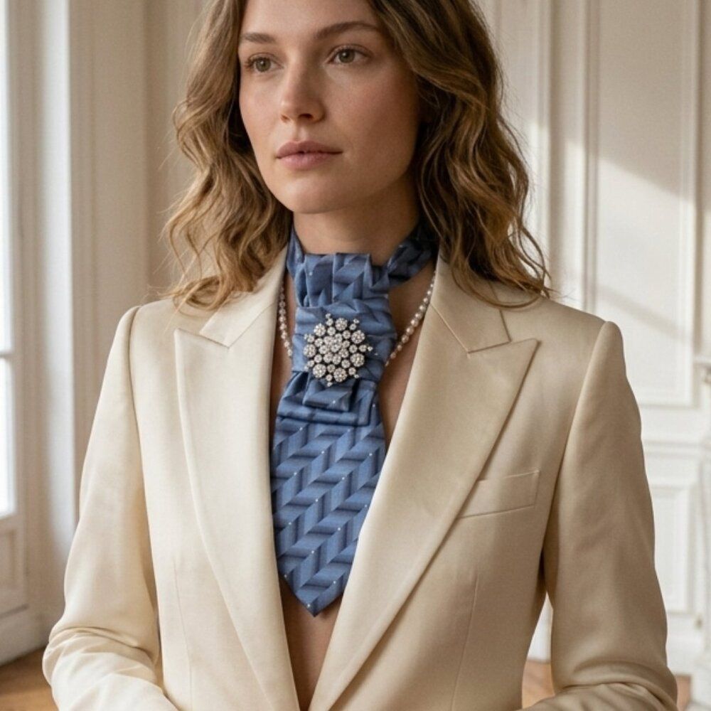 Elegant Blue Silk Statement Tie Necklace with Crystal Brooch